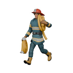 Illustrated Firefighting Expert. A firefighter walks with wide strides while carrying a roll of hose in both hands. 3D Male Firefighter