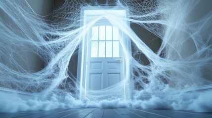 A cobweb draped doorway leading into a haunted house, with a sense of anticipation and mystery.