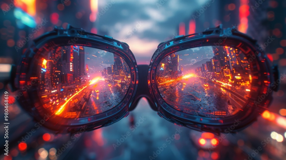 Poster create a futuristic scene featuring vr goggles immersed in a virtual world, with ai-generated animat