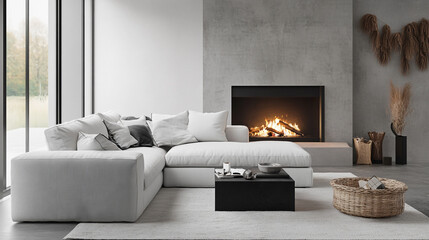 Beautiful living room in new style luxury home, modern navy blue living room with Christmas tree decoration.