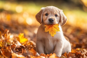 Puppy holding colorful autumn leaf in park surrounded by fall foliage