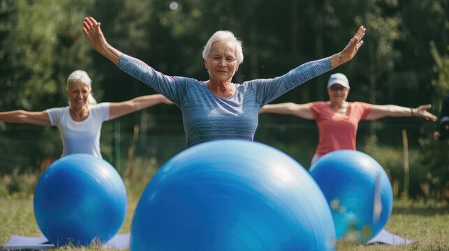 Senior women, exercising with fitness balls outdoors in park, staying active, a healthy lifestyle, active aging concept
