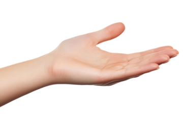 man with open hand, palm facing up, thumb and fingers outstretched, isolated on white background, showing empty hand gesture, giving symbol, concept of care and help