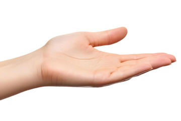 man with open hand, palm facing up, thumb and fingers outstretched, isolated on white background, showing empty hand gesture, giving symbol, concept of care and help
