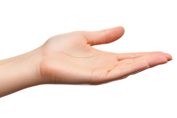 man with open hand, palm facing up, thumb and fingers outstretched, isolated on white background, showing empty hand gesture, giving symbol, concept of care and help