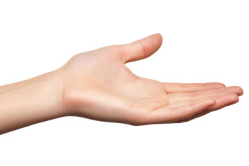 man with open hand, palm facing up, thumb and fingers outstretched, isolated on white background, showing empty hand gesture, giving symbol, concept of care and help