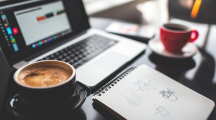 A creative workspace featuring a laptop with graphic design software open, a notebook filled with sketches, and a freshly brewed coffee nearby