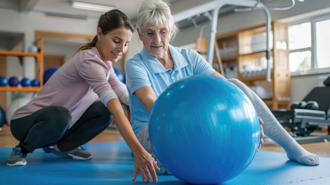 Senior woman exercising with assistance from young instructor on yoga mat, fitness, healthcare concept