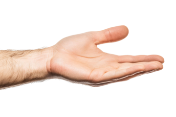 man with open hand, palm facing up, thumb and fingers outstretched, isolated on white background, showing empty hand gesture, giving symbol, concept of care and help