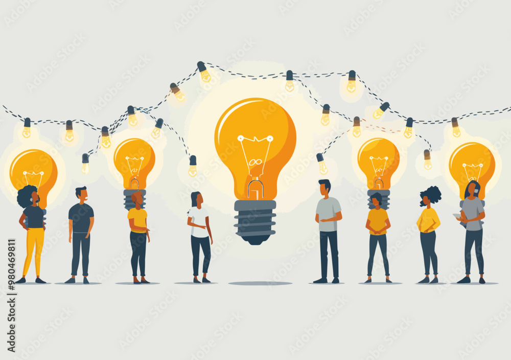 Poster team brainstorming session with light bulb ideas - minimalistic vector illustration of people sharin