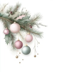 Elegant Christmas composition featuring soft pastel ornaments and pine branches, perfect for seasonal decor and festive designs.