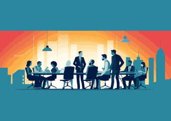 Business Teamwork Concept Illustration - Minimalistic Vector Art of Office Meeting, Collaboration, and Corporate Strategy Discussion with Cityscape Background at Dusk