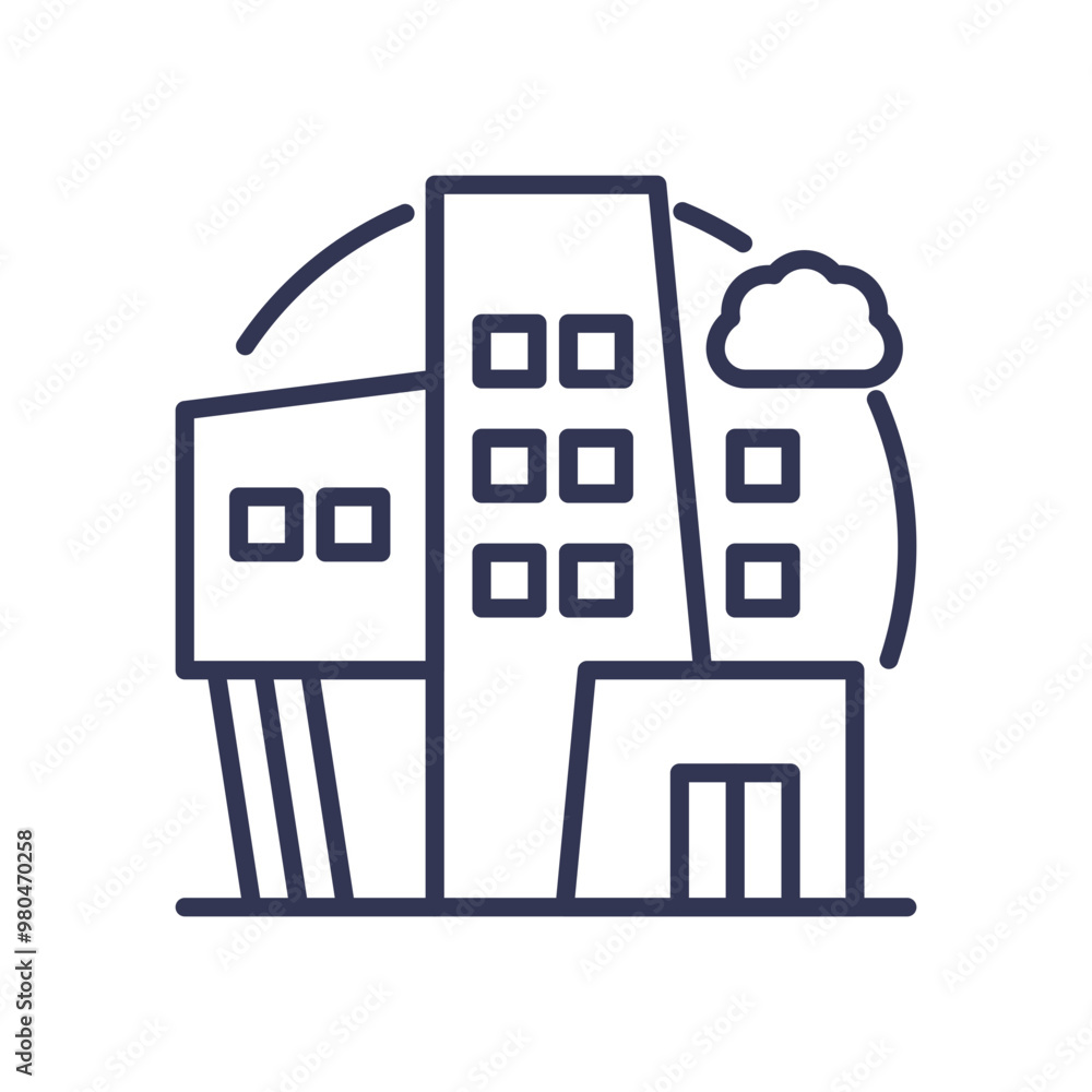 Aufkleber line art of a corporate building with multiple windows and a cloud, symbolizing modern business infr