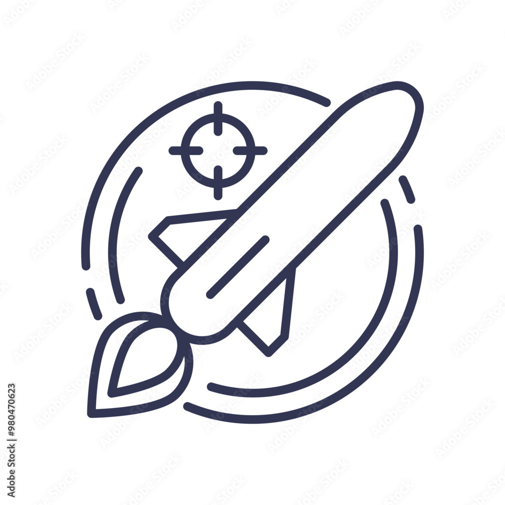 Poster missile icon with target symbol representing offensive capability and precision strike.