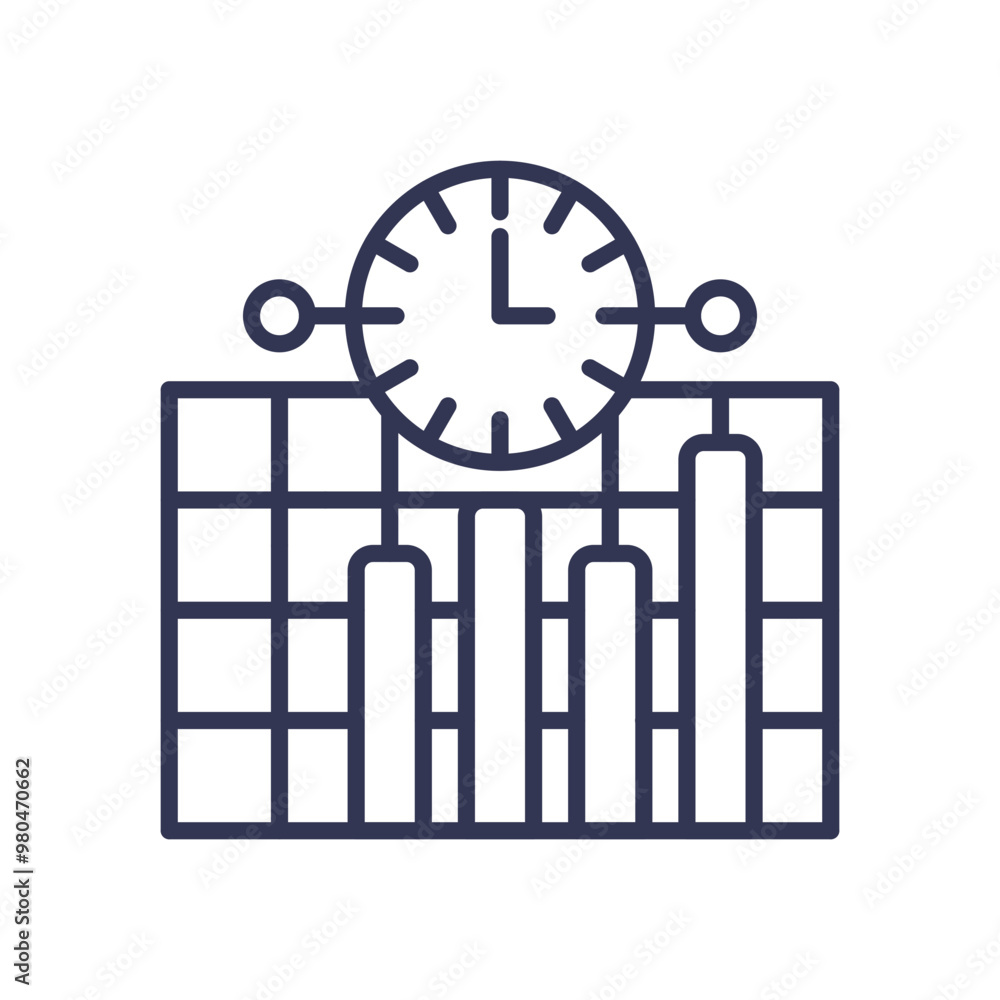 Aufkleber illustration of a clock over a bar chart, symbolizing real-time data analysis and monitoring.