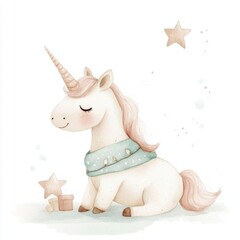 Obraz premium Cute unicorn illustration with pastel colors, adorned with a cozy scarf and surrounded by stars, perfect for children's decor.