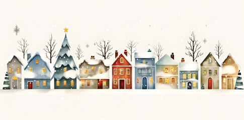 Fototapeta premium Christmas village scene in watercolor, showcasing cozy holiday buildings on a clean white backdrop