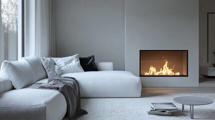 Gray living room with green armchair fireplace firewood, Large traditional fireplace with roaring fire. Empty mantle piece mockup shelf.