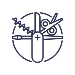 A multi-tool icon symbolizing versatility with scissors, knife, screwdriver, and corkscrew.