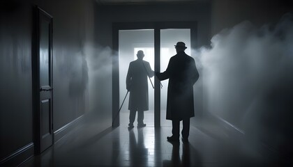 Fototapeta premium A tall freestanding mirror in a dark hallway, reflecting shadows and creating a mysterious atmosphere