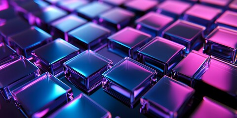 Obraz premium 3D render, an abstract geometri background with neon cubs blue and purple lights shining on the wall blocks