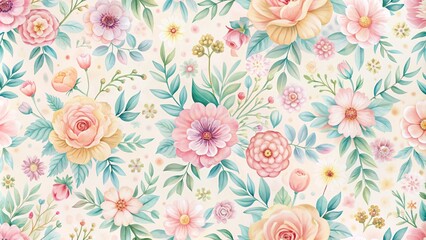 Softly blended pastel hues form a whimsical, hand-painted floral pattern on a seamless, repeating background, perfect for design projects and digital creations.