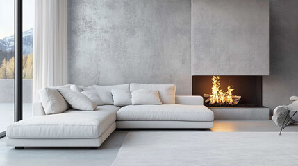 A fireplace with a fire at home creates a cozy atmosphere in a comfortable living room. 