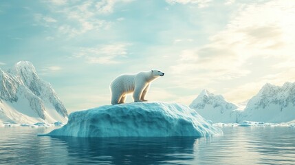 Fototapeta premium A lone polar bear standing on a melting iceberg in the Arctic Ocean, symbolizing the effects of climate change and global warming on wildlife and their habitats