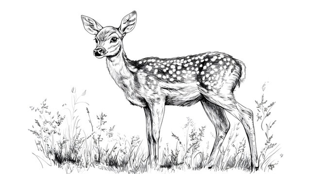 black and white fawn standing in grass clip art preview