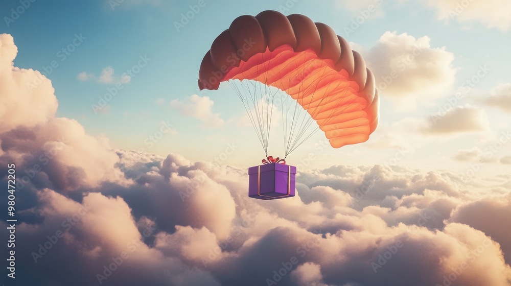 Wall mural A Box flying on a parachute with pink cloud,vector illustration of package flying down from sky and cloud with parachute, concept for delivery service,shopping online,air delivery service.