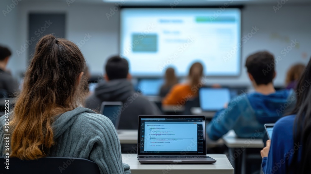 Poster a modern classroom with students using laptops and tablets for learning, digital whiteboards display