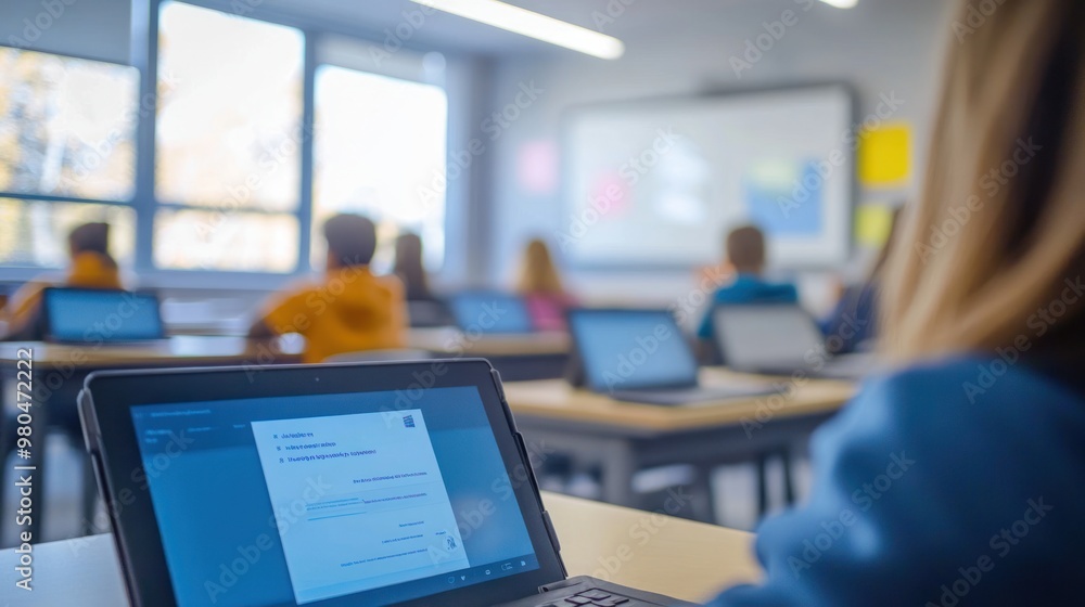 Poster a modern classroom with students using laptops and tablets for learning, digital whiteboards display