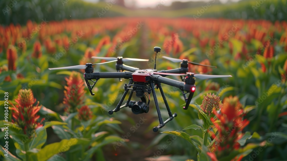 Poster capture the precision of a drone conducting crop yield assessments and forecasting, providing farmer
