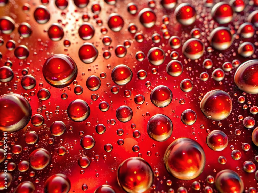 Poster vibrant red background splattered with numerous translucent water droplets, creating a mesmerizing a