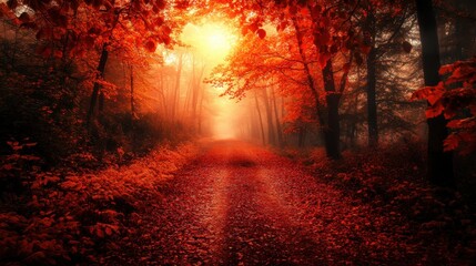 Obraz premium Colorful autumn Park with pathway,red and yellow maple trees and blue sky,Autumn forest path,Lawn in autumn city park in Sunny day,Trees with yellow leaves in park,Natural Wallpaper.