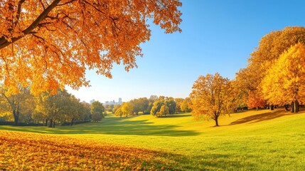Fototapeta premium Colorful autumn Park with city view red and yellow maple trees and blue sky,Autumn forest path,Lawn in autumn city park in Sunny day,Trees with yellow leaves in park,Natural Wallpaper.