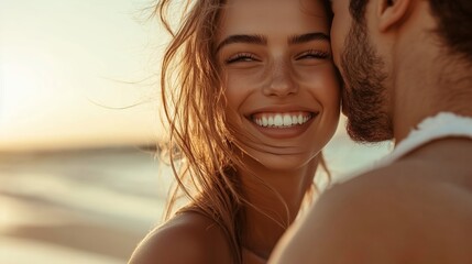 A joyful couple embracing at sunset on the beach, radiating happiness and love while the waves gently lap around them