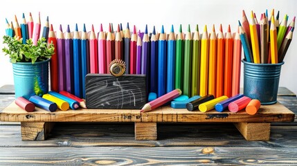Teacher's desk filled with school supplies, including a chalkboard eraser, colored pencils, and a stack of books, isolated against a white background, perfect for a school-themed background.