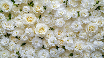 White rose floral backdrop for weddings, featuring a wall of white roses