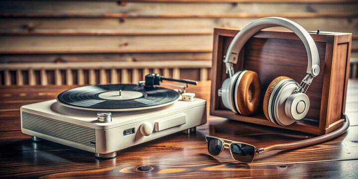 Retro audio equipment, including a pair of vintage headphones and a white record player, evoke a sense of nostalgia for the warmth of analog sound.