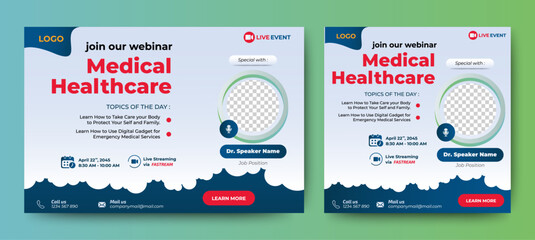Medical Health Conference live webinar banner invitation and social media post template. Healthcare webinar invitation design.