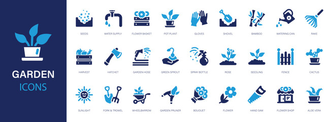 Garden flat icons set. Flowers, plot, dacha, grass, watering can, trees, care, digger icons and more signs. Flat icon collection.