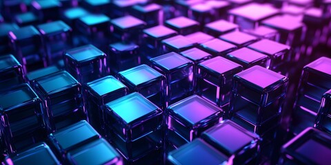 Fototapeta premium 3D render, an abstract geometric cubs background with neon blue and purple lights shining on the wall blocks