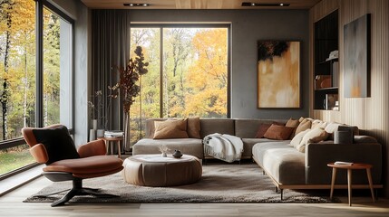 A modern living room with a large sectional sofa, an armchair, and a coffee table. The room is decorated in a neutral color palette with a wooden floor and a cozy rug.