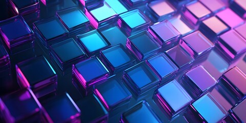 3D render, an abstract geometric cubs background with neon blue and purple lights shining on the wall blocks