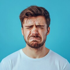 Obraz premium Man crying face with tears isolated on a blue background. Drama, depression concept