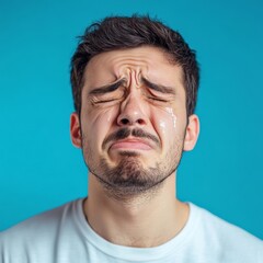 Obraz premium Man crying face with tears isolated on a blue background. Drama, depression concept