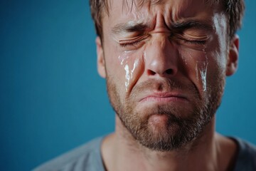Obraz premium Man crying face with tears isolated on a blue background. Drama, depression concept