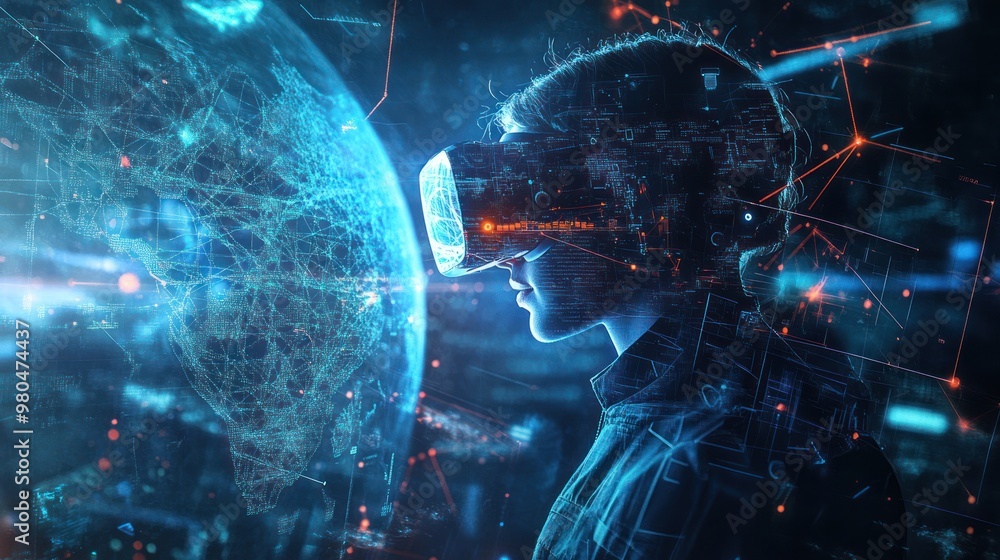 Poster a smart individual using virtual reality goggles to access and interact with a complex global networ