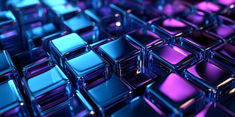 Fototapeta premium 3D render, an abstract geometric cubs background with neon blue and purple lights shining on the wall blocks
